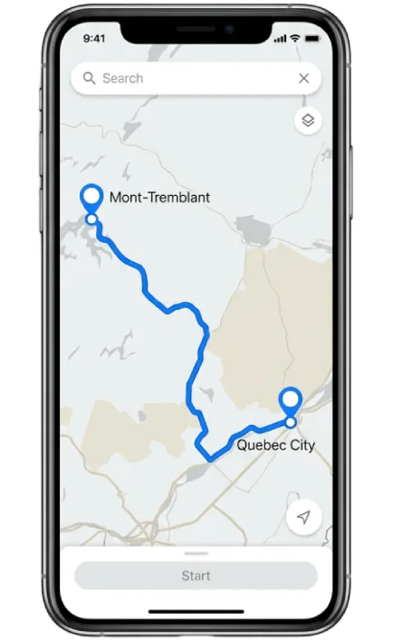 Booking app showing a route from Mont-Tremblant to Québec City