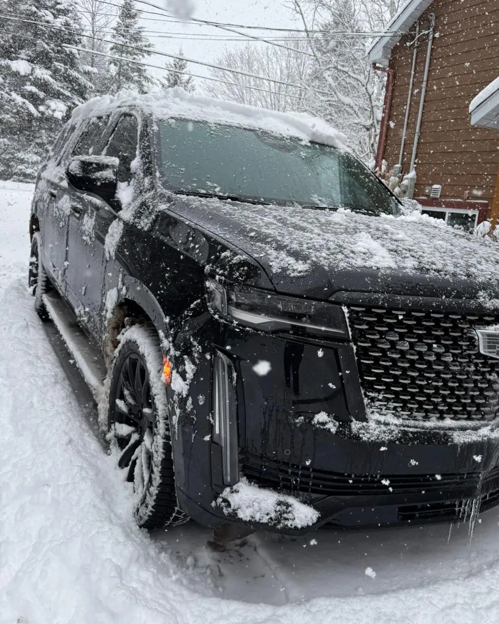 Black Cadillac Escalade covered in fresh snow outside a chalet